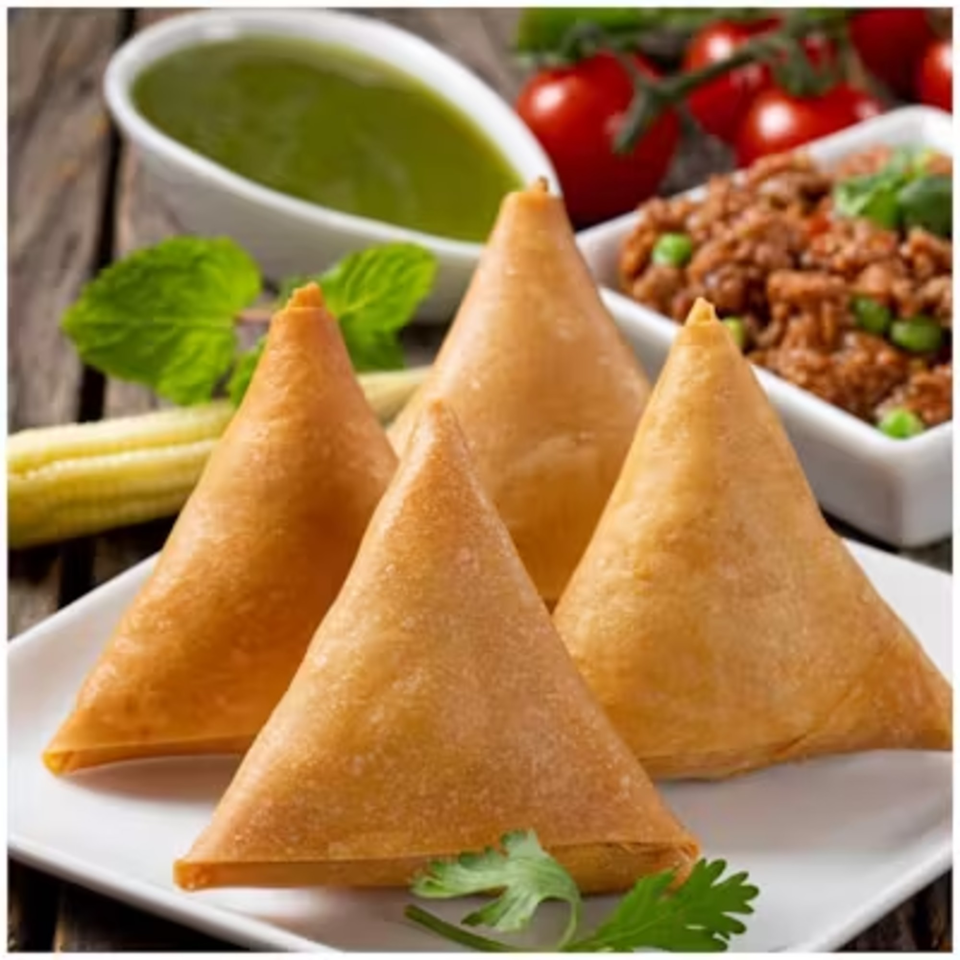 Four golden-brown samosas on a white plate, with green sauce and minced meat in the background.