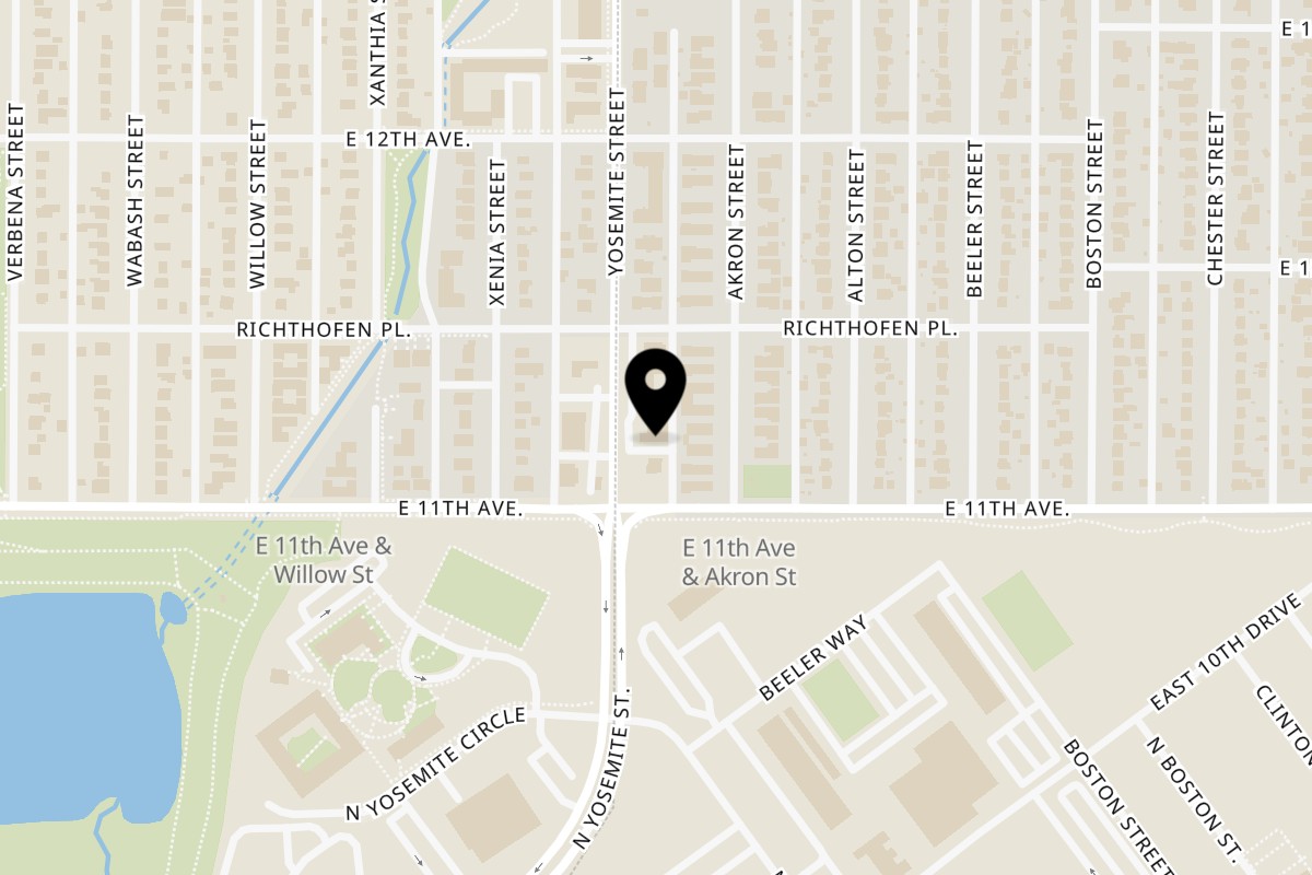 Map showing the location of Royal Taw Win Thai & Burmese Restaurant on 1120 Yosemite St in Denver
